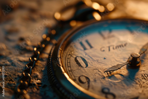 A detailed close-up of a pocket watch placed on a table. This image can be used to depict concepts such as time management, punctuality, nostalgia, or vintage aesthetics