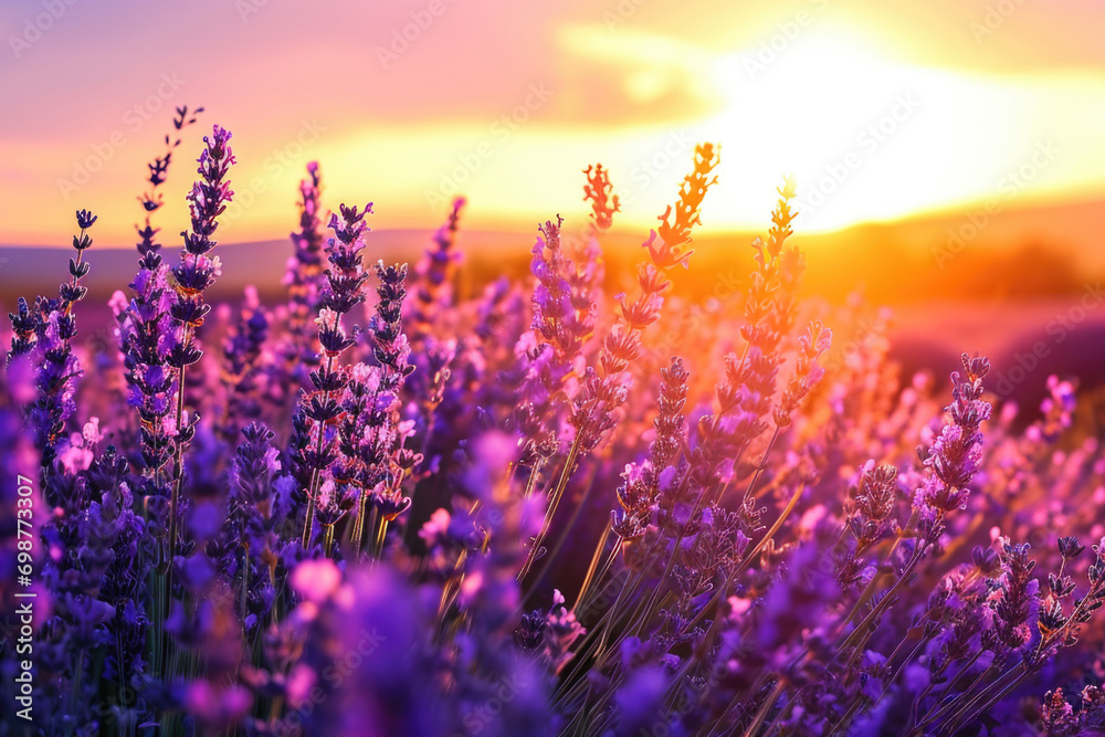 Fototapeta premium A beautiful field of purple flowers with the sun setting in the background. Perfect for nature and landscape projects
