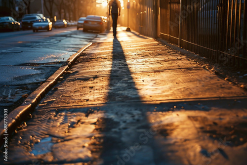 A person walking down a sidewalk during a beautiful sunset. This image can be used to represent tranquility and the beauty of nature