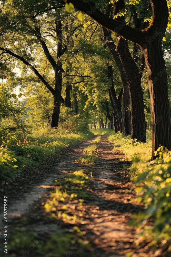Fototapeta premium A scenic dirt road surrounded by lush trees and green grass. Ideal for nature and outdoor-themed projects