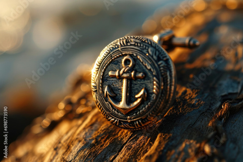 A close-up view of a ring featuring an anchor design. This image can be used to symbolize strength, stability, or a love for the sea © Fotograf