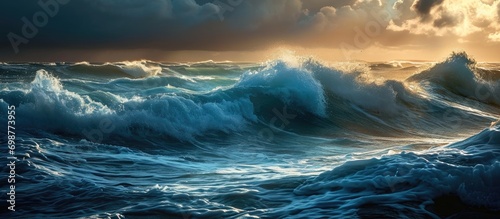 Stunning seascape with incredible lighting and rolling waves. photo
