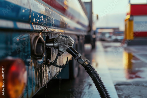 A gas pump is attached to the side of a truck. This image can be used to illustrate fueling up vehicles or the convenience of having a mobile gas station