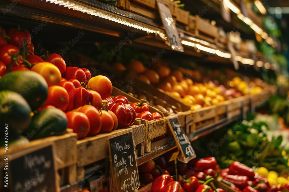 A wide variety of fresh fruits and vegetables are displayed in the produce section of a grocery store.