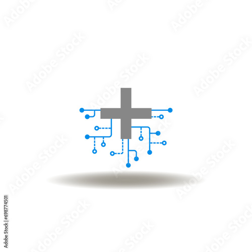 Vector illustration of pharmacy cross or medical plus with circuit pattern. Icon of healthcare innovative technology. Symbol of medicine innovation.