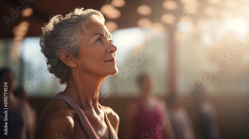 Close-up of an elegant modern European woman around 70 years old, well-groomed, with gray hair, sitting in a meditative pose in an yoga studio filled with sunlight. Harmony and beauty at any age photo