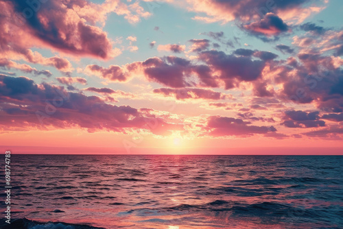 A beautiful sunset over the ocean with clouds in the sky. Ideal for travel and nature-themed projects