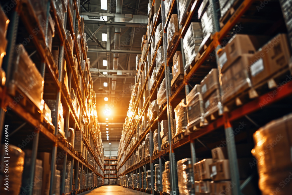 Fototapeta premium A large warehouse filled with lots of boxes. Perfect for logistics, storage, or inventory concepts