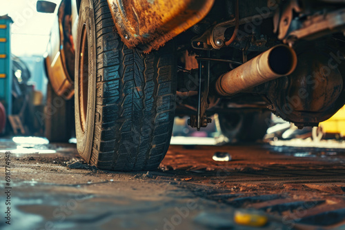 A detailed view of a tire on a vehicle. This image can be used to showcase automotive parts, transportation, or for illustrating vehicle maintenance