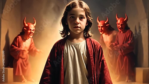 demon Satan devil behind the little child, boy, Generative Ai photo