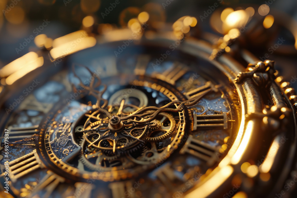 A close-up view of a clock with a gold face. This image can be used to represent time management, punctuality, or the passage of time - obrazy, fototapety, plakaty 