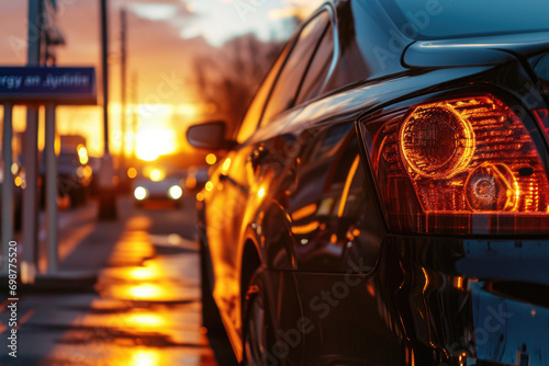 A car is parked on the side of the road. Suitable for transportation, roadside assistance, and travel concepts photo