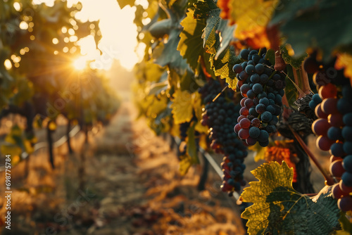 A picture of a bunch of grapes growing in a vineyard. This image can be used to showcase the process of grape cultivation or to illustrate the beauty of a vineyard setting