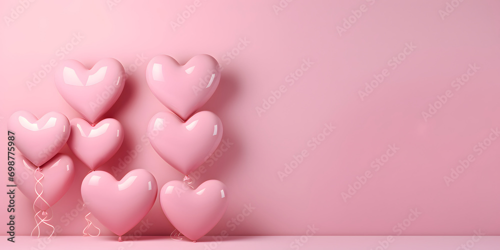 Pink Heart shaped balloons composition on a solid color background - Love design