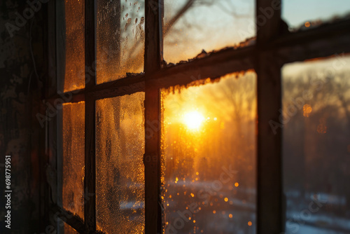 A beautiful view of the sun setting through a window in a house. Perfect for capturing the warm and cozy atmosphere of a home.