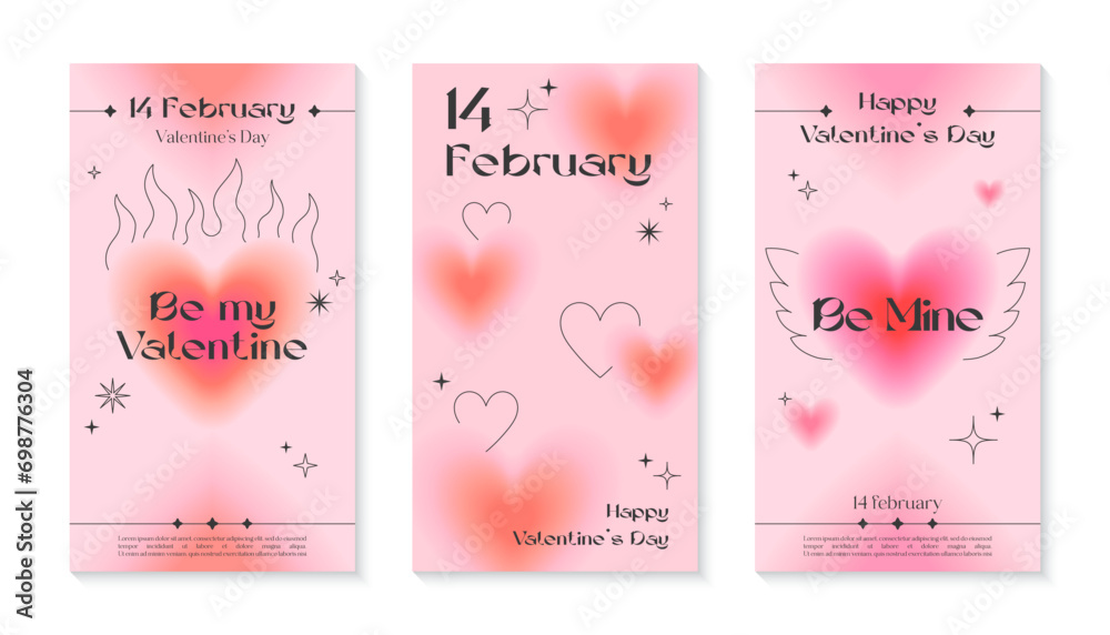 Valentines Day greeting banner templates in 90s style.Romantic vector illustrations in y2k aesthetic with linear shapes,blurred hearts,sparkles.Modern designs for smm,invitations,prints,promo offers.