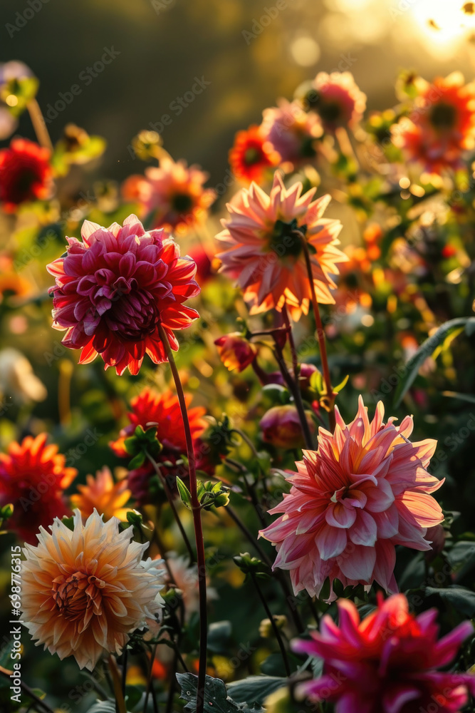 A beautiful sunset over a field of vibrant flowers. Perfect for nature lovers and those seeking a peaceful and serene atmosphere A beautiful sunset over a field of vibrant flowers. Perfect for nature lovers and those seeking a peaceful and serene atmosphere