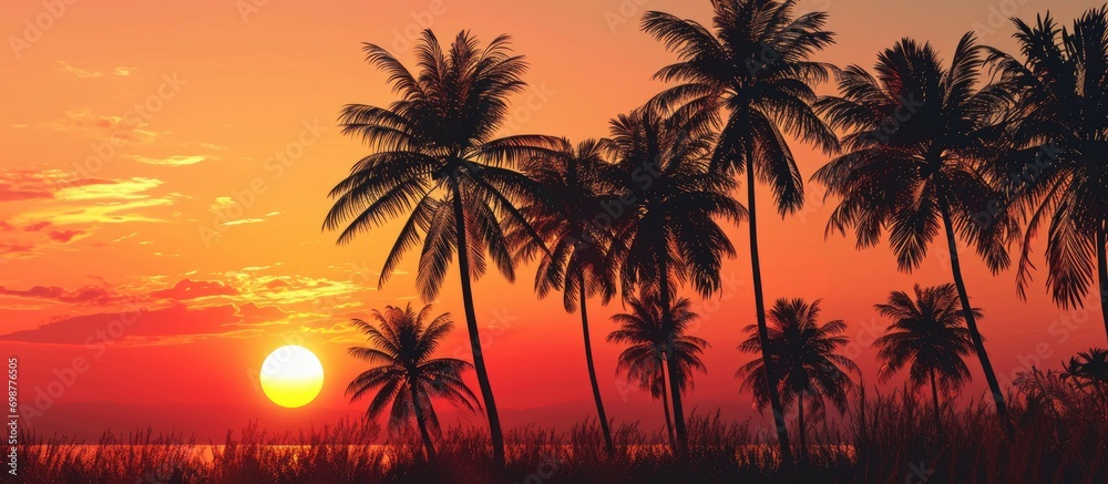 Silhouette of palm trees with a setting sun