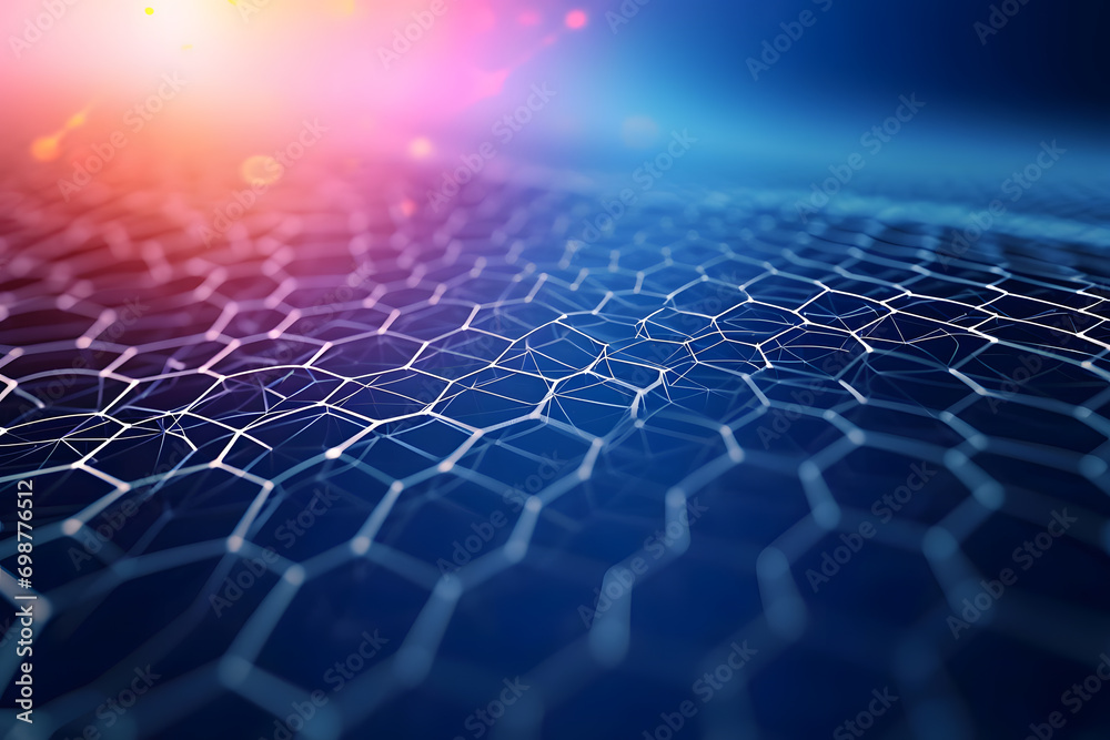 Technology background with white hexagons or honeycombs on blue and red gradient background. Symbolizing block of data