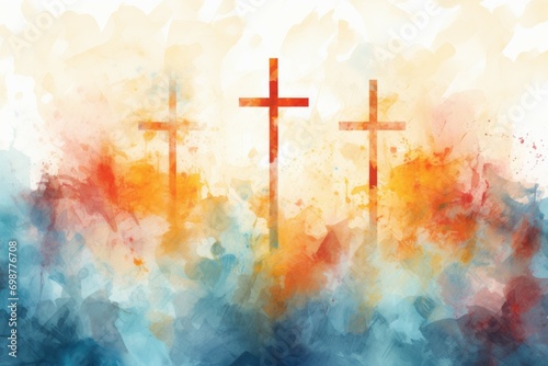 Watercolor drawing with a cross, a symbol of the Christian faith. Background with selective focus and copy space