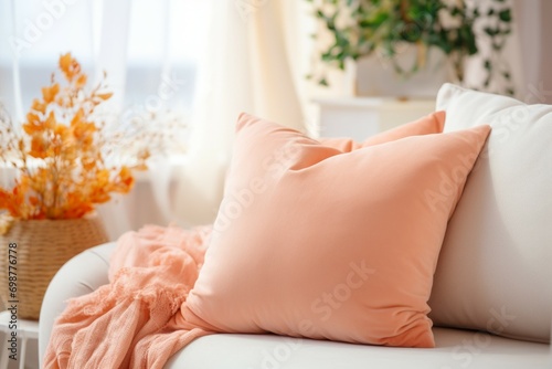 Pillow in trendy color Peach Fuzz. Background with selective focus and copy space photo