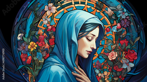 Art Nouveau Mother Mary stained glass flowers blue robe portrait artwork