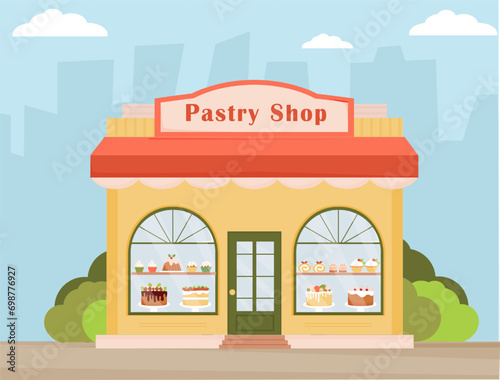 Pastry shop. Facade of a store. Confectionary building facade on the street. Showcases with cakes, cup cakes and baked sweets. Flat vector illustration.