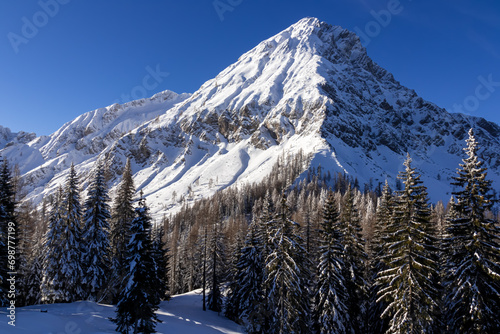 Scenic view on snow capped mountain peak of Mittagskogel  Kepa  in Karawanks  Carinthia  Austria  Europe. Winter wonderland in Austrian Alps. Snowshoe hiking through remote forest and snowy landscape