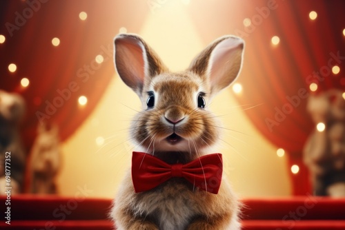 Cute bunny for advertising. Backdrop with selective focus and copy space