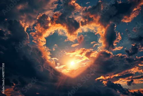 A sky opening in the shape of a heart surrounded by clouds or clouds. Backdrop with selective focus and copy space © Space Priest