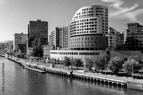 View of the Nervion river crossing the city of Bilbao in the Basque Country. Spain. Black and white. photo
