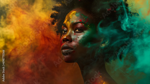 Black History Month in the United States celebrates African American history with a poster design featuring a black woman surrounded by red, yellow, and green smoke, and is an annual holiday