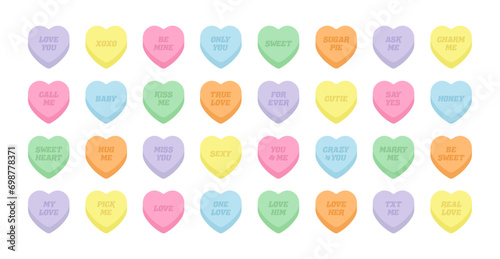 Sweet heart shape candy set. Valentines day concept. Isolated on white background. Different color bundle. Conversation, Love text. Romantic colorful element collection. Flat vector illustration.