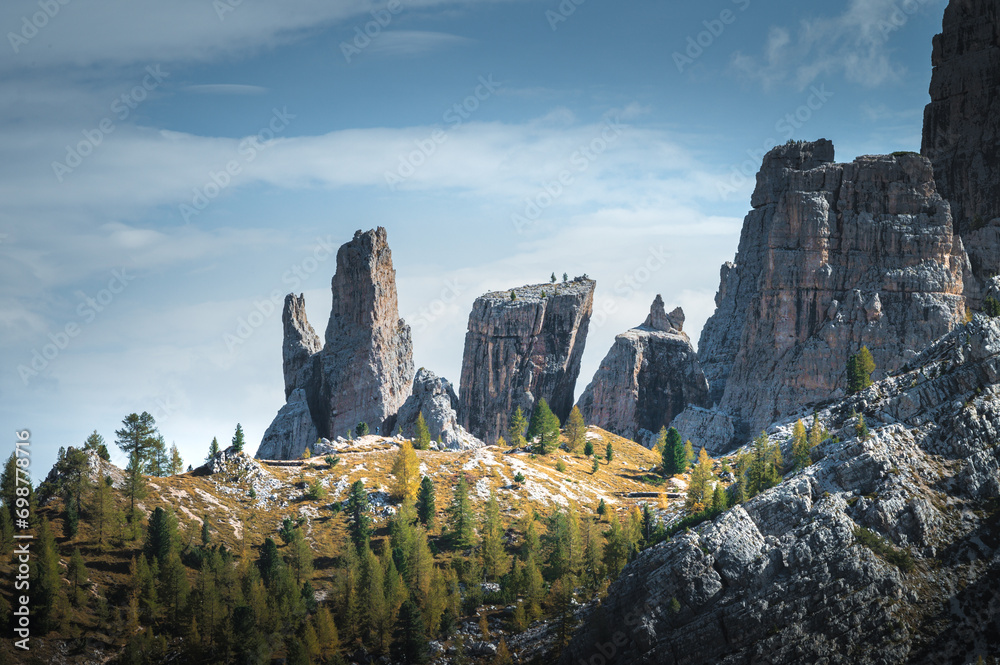 Stunning Italian Dolomites in vibrant colors. Picturesque Alpine mountain range at summer time.