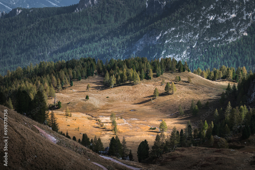 Stunning Italian Dolomites in vibrant colors. Picturesque Alpine mountain range at summer time.