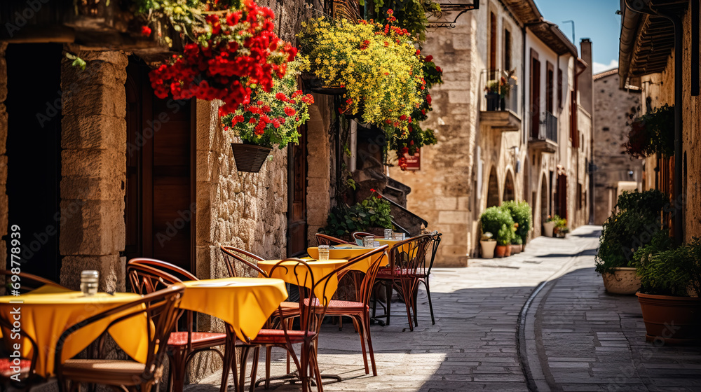 Street cafe with tables and chairs in the old mediterranean town.