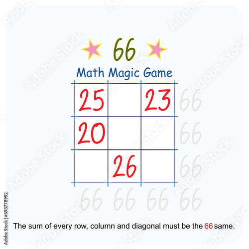 Magic math game. (Magic square)  Recreational mathematics and educational series vector illustration.