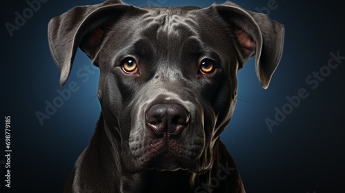 Portrait of a black dog. Studio shot, neutral plain background. Dangerous pet.