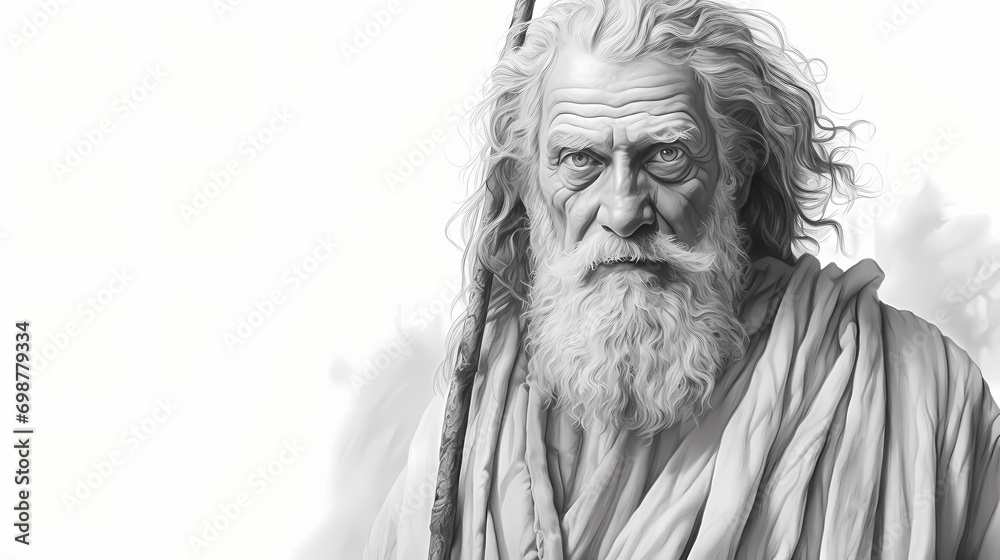 Moses black and white portrait in robe with staff isolated background Moses black and white portrait in robe with staff isolated background