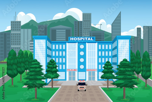blue hospital building with an ambulance in front