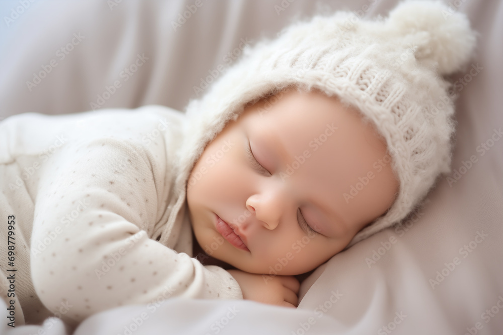 Healthy infant in knitted white hat peacefully sleeping at home. Beautiful small baby dreaming Healthy infant in knitted white hat peacefully sleeping at home. Beautiful small baby dreaming