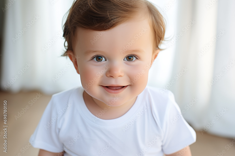 Close up portrait of cute brown eyed smiling infant baby looking into the camera