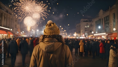 group of caucasian people friends with different ages celebrate together a birthday or new year eve by night outdoor at home. lights and sparkles with cheerful women and men having fun in friendship
