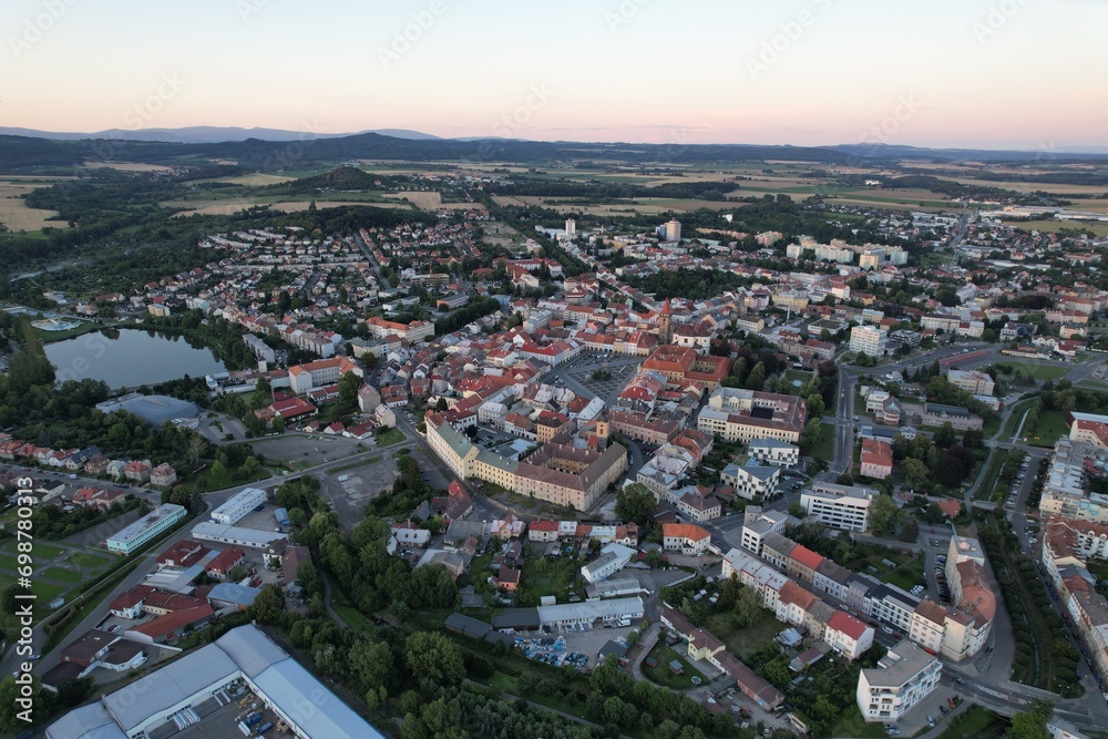 defaultJicin and its historical city center buildings and town tower of fortification walls system and cathedral aerial panorama landscape view,Bohemia,Czech republic