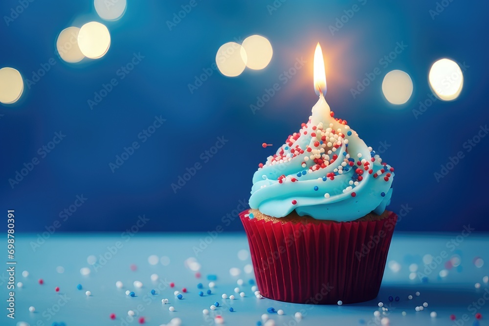 Blue cupcake with red sprinkles and lit candle 