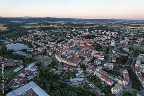 Fototapeta Naklejka Na Ścianę i Meble -  defaultJicin and its historical city center buildings and town tower of fortification walls system and cathedral aerial panorama landscape view,Bohemia,Czech republic