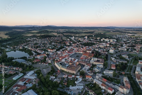 Fototapeta Naklejka Na Ścianę i Meble -  defaultJicin and its historical city center buildings and town tower of fortification walls system and cathedral aerial panorama landscape view,Bohemia,Czech republic
