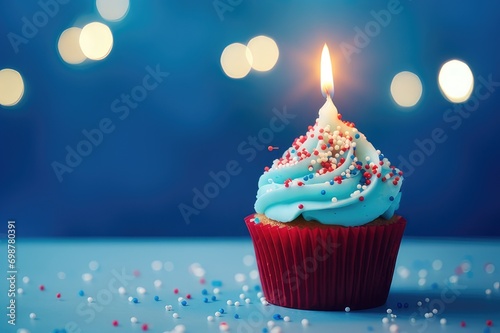 Blue cupcake with red sprinkles and lit candle 