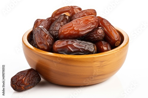 Dried dates fruits in bowl isolated on white background.