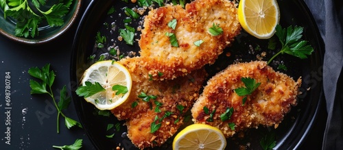 Panko breaded pork chops with lemon and parsley on a black plate, viewed from above. photo